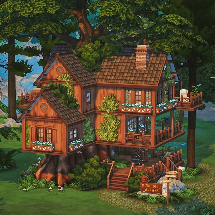 an animated house in the middle of a lush green field with trees and bushes around it