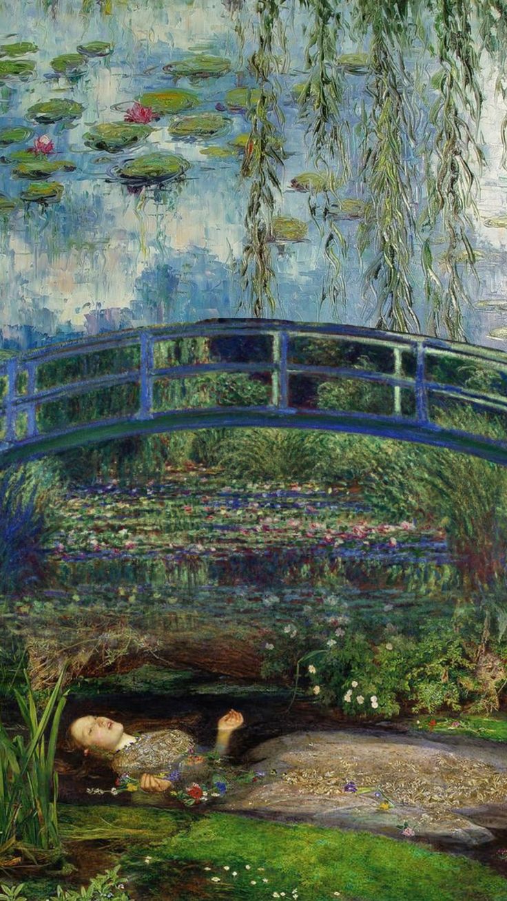 a painting of water lilies and a bridge