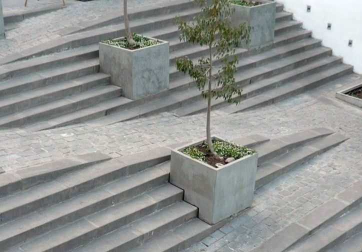 three planters with trees in them sitting on concrete steps