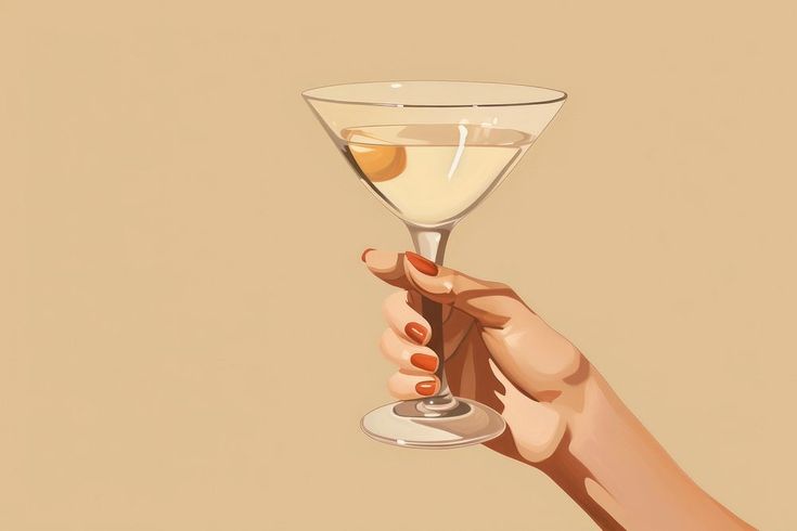 a hand holding a martini glass with an olive in it, on a beige background