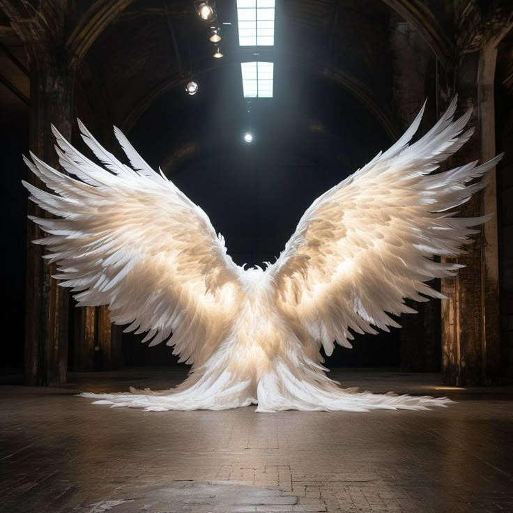 a large white bird with wings spread out in an old building, lit by lights