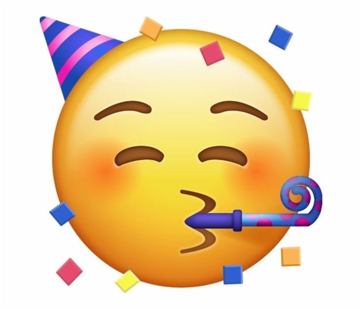 an emoticive smiley face with a birthday hat and confetti on it's head