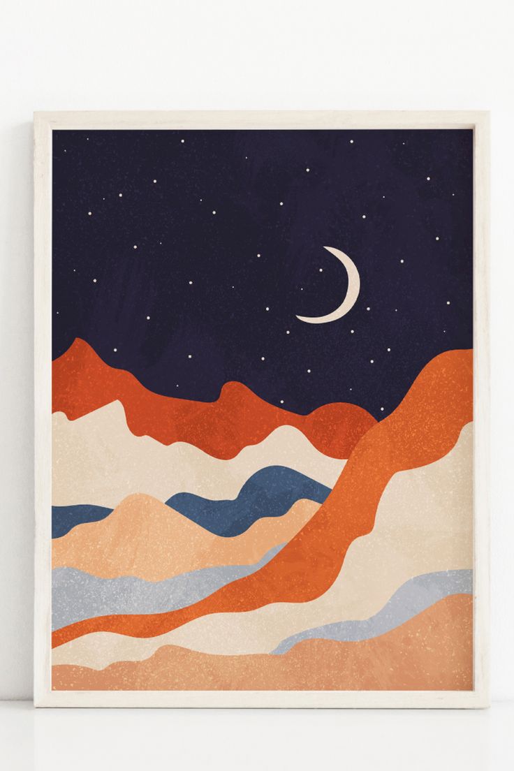 an art print with mountains and the moon in the sky