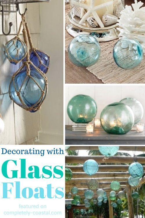 there are many glass floats hanging from the wall and in front of some other things