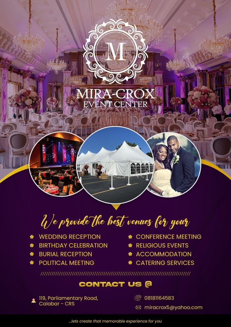 a flyer for a wedding event with images of the bride and groom in purple tones