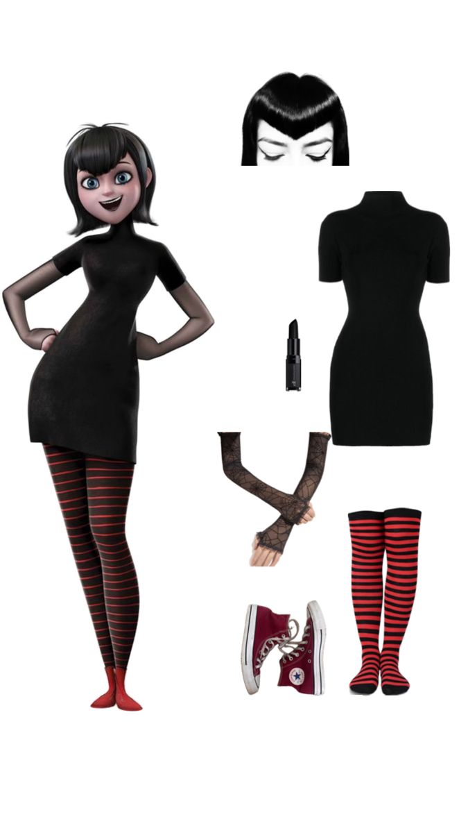 a woman in black dress and red striped tights with her hands on her hips