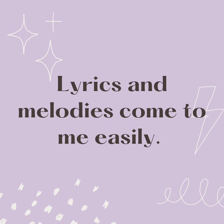 A purple background with the text overlay, "Lyrics and melodies come to me easily." Affirmation Quotes Career, Rapper Affirmations, Piano Affirmations, Beautiful Singing Voice Affirmations, Guitar Affirmations, Pretty Voice Affirmation, Singing Career Vision Board, Music Career Affirmations, Audition Affirmations