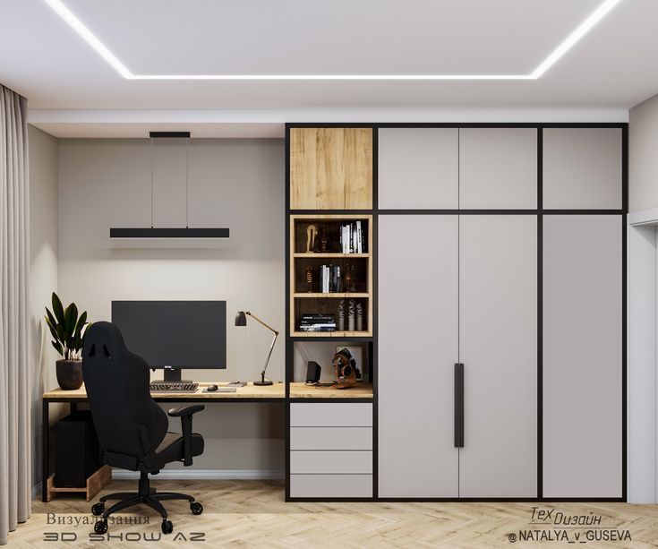 an office with white and black furniture in the middle of wood flooring, built - in shelving units on either side