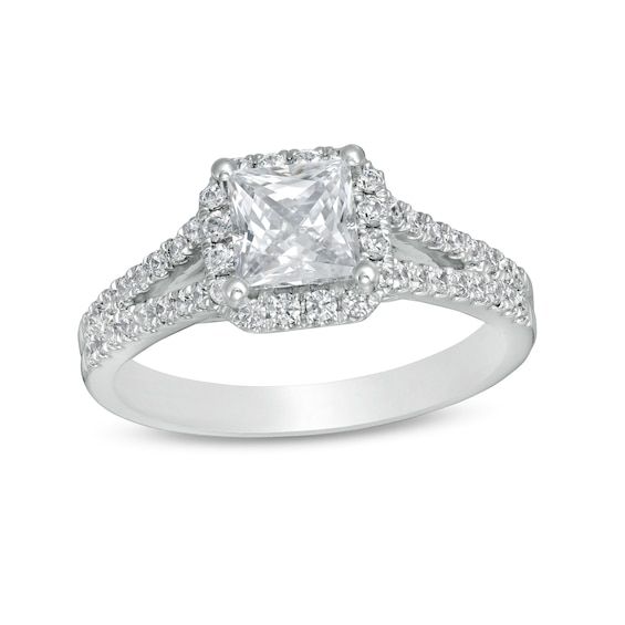 Declare your love with this gorgeous diamond engagement ring. Crafted in 14K white gold, this design showcases a 1 ct. princess-cut diamond wrapped in a diamond-lined frame. Additional diamonds line the ribbons of the split shank, which is rounded along the inside for comfort. Radiant with 1-1/2 cts. t.w. of diamonds and a brilliant buffed luster, this engagement ring makes a bold statement of love. Radiant Cut Diamond Wedding Ring With Accents In White, White Radiant Cut Ring With Diamond Accents, White Square-cut Diamond Ring, White Square Cut Diamond Ring, Fine Jewelry Princess Cut Diamond Ring With Center Stone, Princess Cut Diamond Ring In Fine Jewelry Style, Diamond Square Cut Center Stone Wedding Ring, Halo Princess Cut Cubic Zirconia Wedding Ring, Cubic Zirconia Princess Cut Ring With Halo Setting