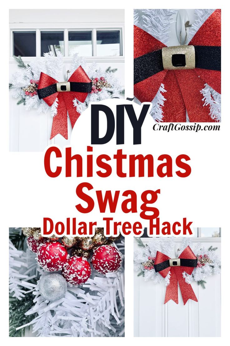 diy christmas swag dollar tree hacket with red and black bows on it