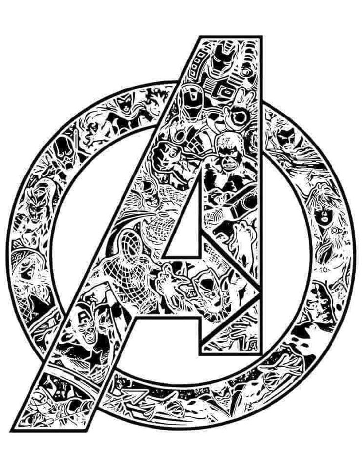 the avengers logo with many different faces and symbols in black ink on white paper, as well as an outline drawing