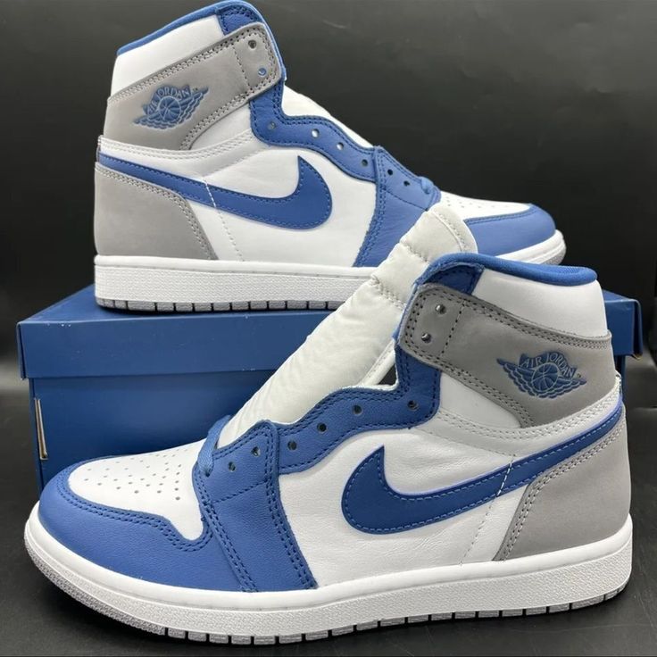 Nike Air Jordan 1 High True Blue White Cement Grey Dz5485-410 Size 8 - 13 Casual Shoes Women Sneakers, Nike Shoes Women Fashion, Nike Air Jordan 1 High, Pretty Sneakers, Blue Jordans, Nike Fashion Shoes, Jordan Blue, Pretty Shoes Sneakers, Jordan Shoes Retro