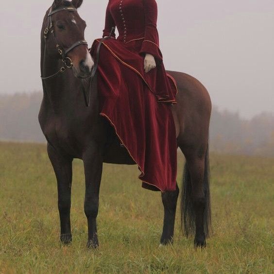 a woman dressed in red riding on the back of a brown horse