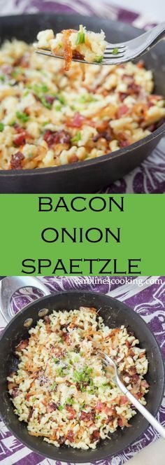 bacon and onion spaghetti in a skillet with the words bacon, onion, and spafetti