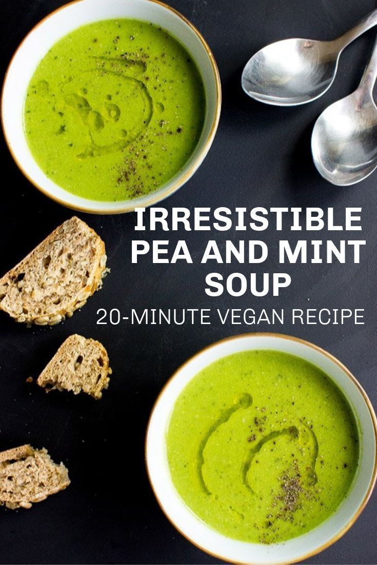 two bowls filled with soup next to spoons on a black surface and the title reads irresistiblely pea and mint soup