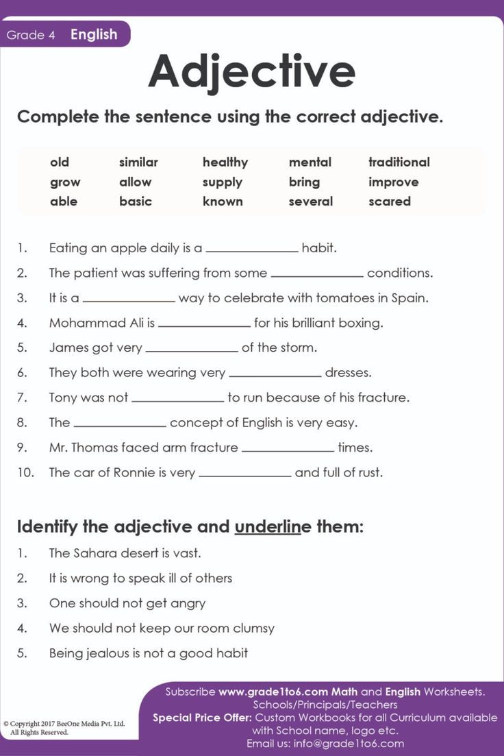 an english worksheet with the words adjective in purple and white text