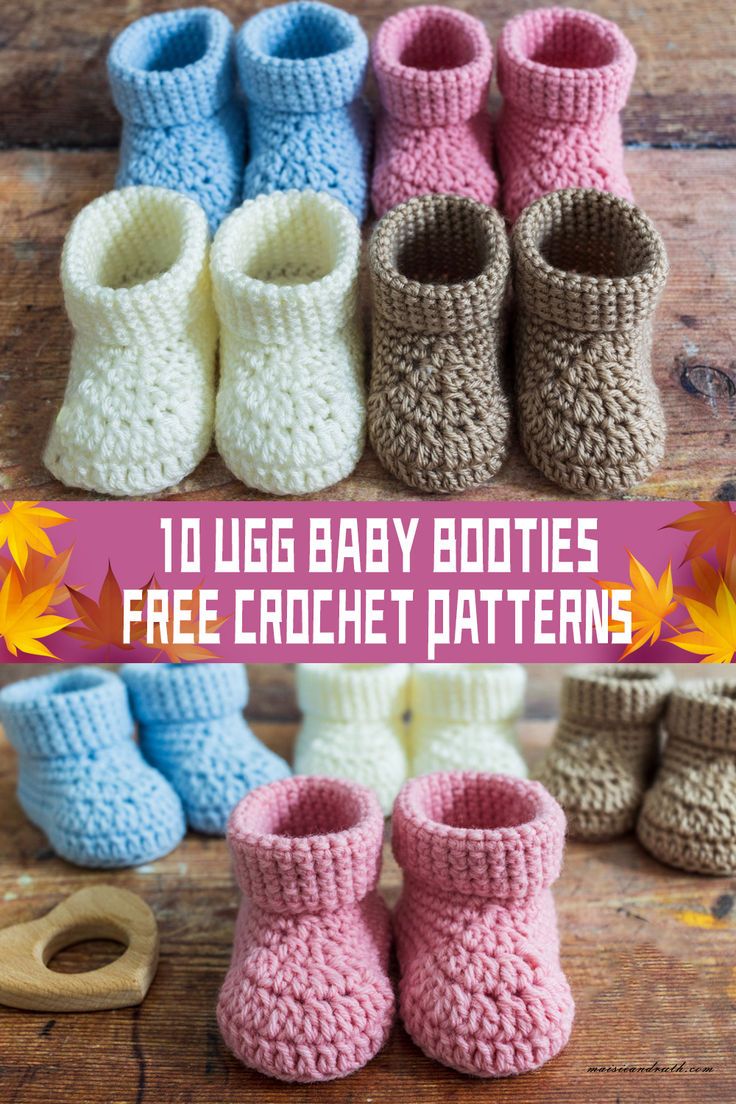 crocheted baby booties with text overlay that reads, 10 ugg baby booties free crochet patterns