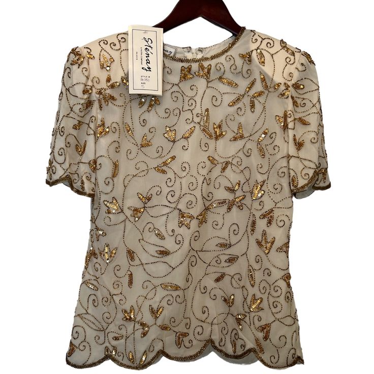 Beautiful Gold Sequin Blouse Shell: 100% Silk Lining: 100% Polyester Gold Short Sleeve Tops For Formal Occasions, Fitted Crew Neck Elegant Blouse, Gold Tops For Summer Formal Events, Fitted Short Sleeve Festive Tops, Festive Fitted Short Sleeve Tops, Fitted Short Sleeve Tops For Festive Occasions, Elegant Short Sleeve Tops For Evening, Elegant Short Sleeve Evening Tops, Vintage Gold Top For Formal Occasions