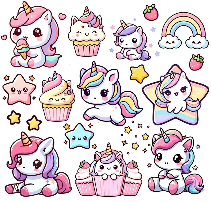 an assortment of cartoon unicorns and cupcakes