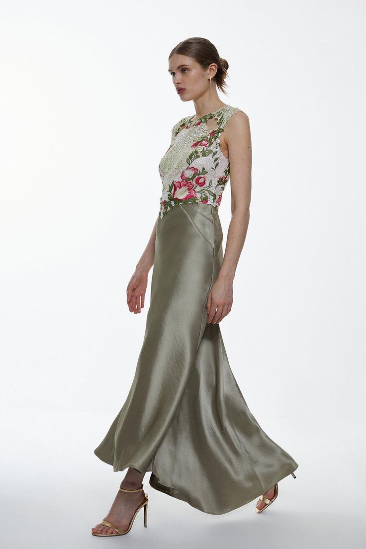 Petite Guipure Lace Satin Woven Maxi Dress - Sage - The epitome of elegance, this maxi dress is perfectly suited to special occasions. A satin skirt flows gracefully with every step, while the bodice is crafted from luxurious Guipure lace and features an array of floral motifs.Guipure lace bodiceFloral embroidery Latest Bridesmaid Dresses, Boho Mother, Latest Maxi Dresses, Bridesmaid Dress Collection, Mother Of Bride Outfits, Maxi Dress Collection, Mother Of Groom Dresses, Mother Of The Bride Outfit, Guest Attire