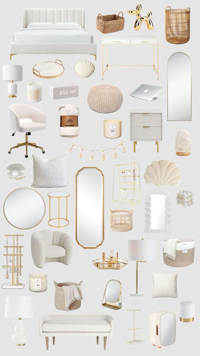 an assortment of white and gold furniture