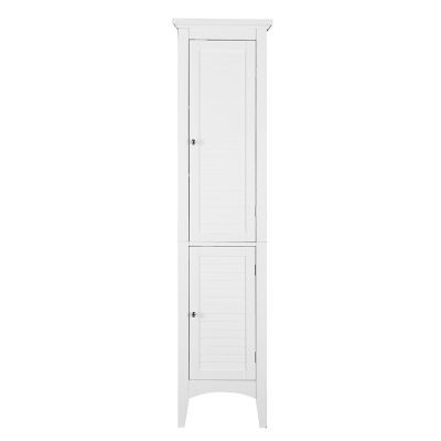 a tall white cabinet with shutters on the front and bottom doors, against a white background