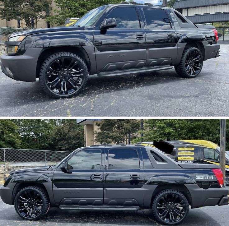 two pictures side by side of a black truck with chrome wheels and rims on it