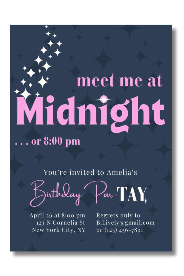 a blue and pink birthday party card with stars on the front, and text that reads meet me at midnight or 800 pm