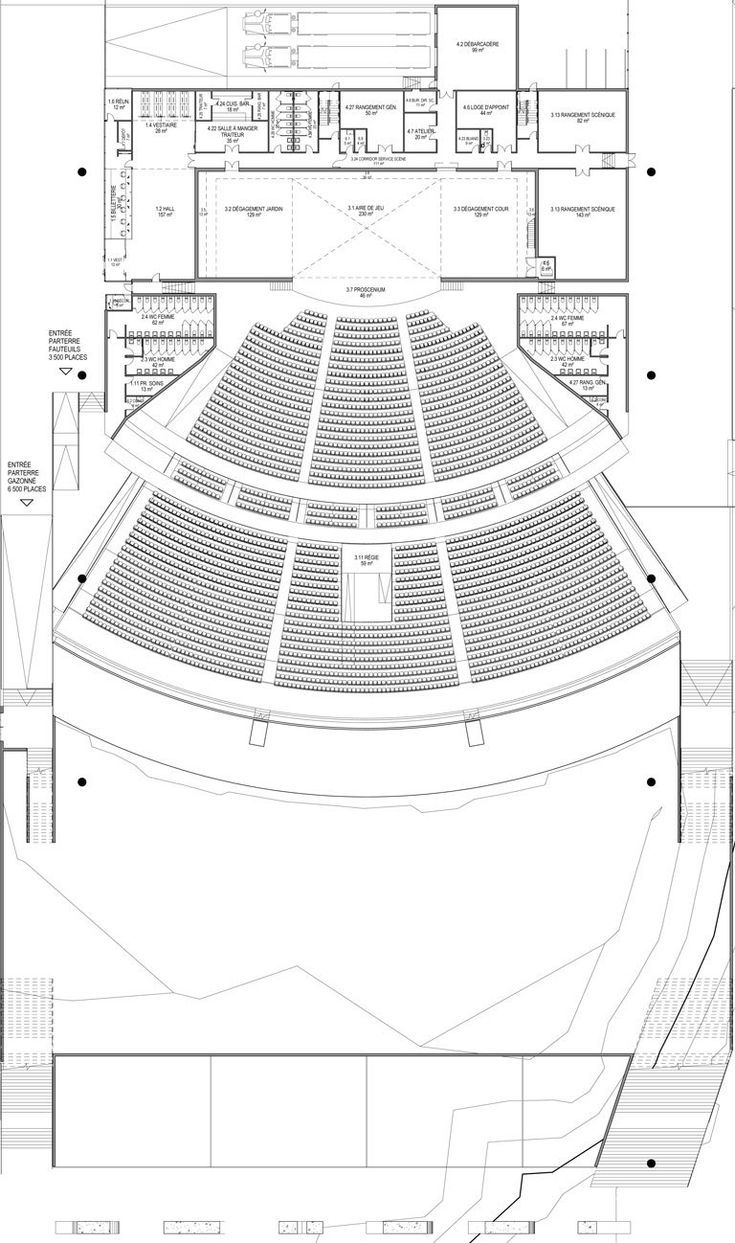 an architectural drawing of the auditorium with seating areas and floor plans for the seats in the center