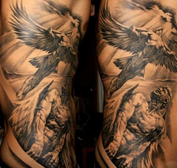 two men with tattoos on their stomachs and one has an eagle in the middle