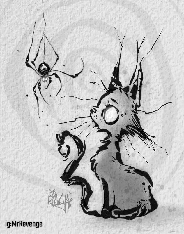 a black and white drawing of a cat with a spider on it's back