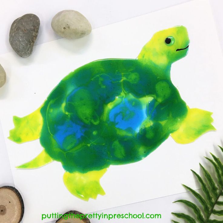 a painting of a green turtle next to some rocks and a plant on a white surface