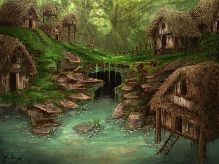 an artistic painting of a fantasy village in the woods with a stream running through it