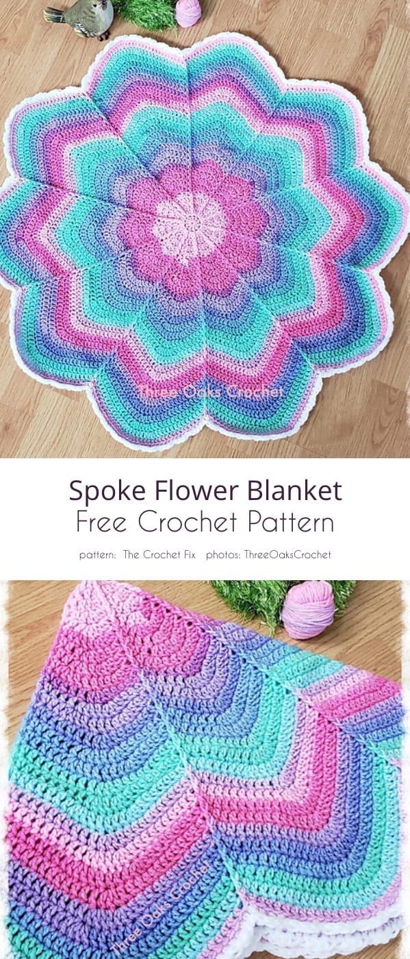 crochet flower blanket is shown on the floor and next to it is an image of