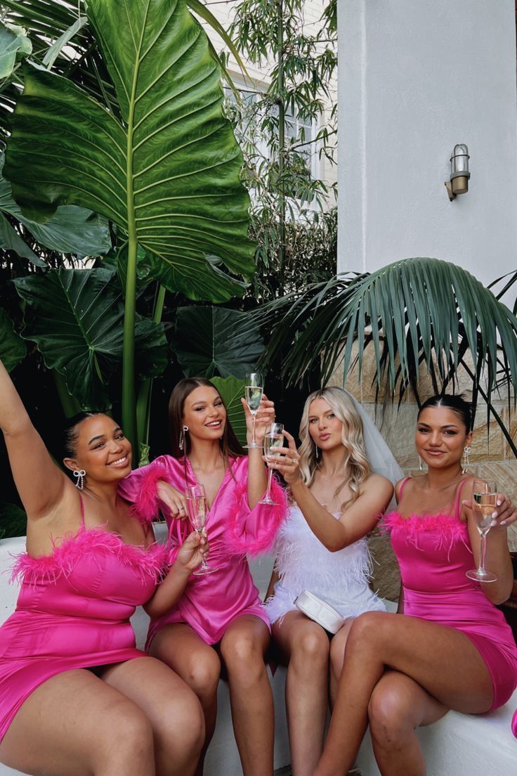 four women in pink dresses are sitting on a bench and holding wine glasses up to the camera