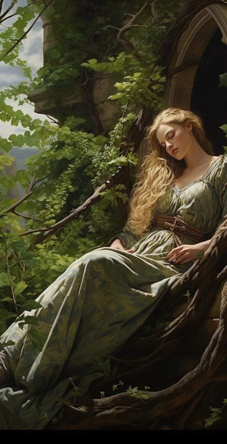 a painting of a woman sitting in a tree