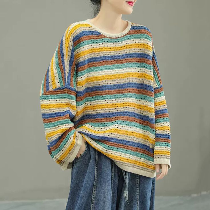 Striped Open Knit Sweater For Fall, Casual Striped Pointelle Knit Sweater, Casual Knitted Long Sleeve Top, Casual Long Sleeve Knitted Top, Casual Striped Knitted Sweater, Casual Striped Open Knit Top, Casual Multicolor Crew Neck Knit Top, Oversized Multicolor Open Knit Sweater, Casual Oversized Knitted Tops