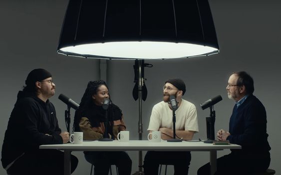 three people are sitting at a table with microphones in front of them and one person is on the phone