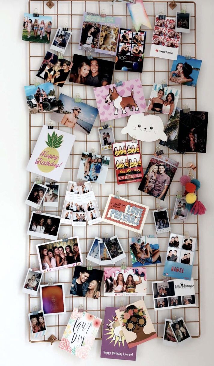 a collage of photos is hanging on a wall with magnets and pictures attached to it