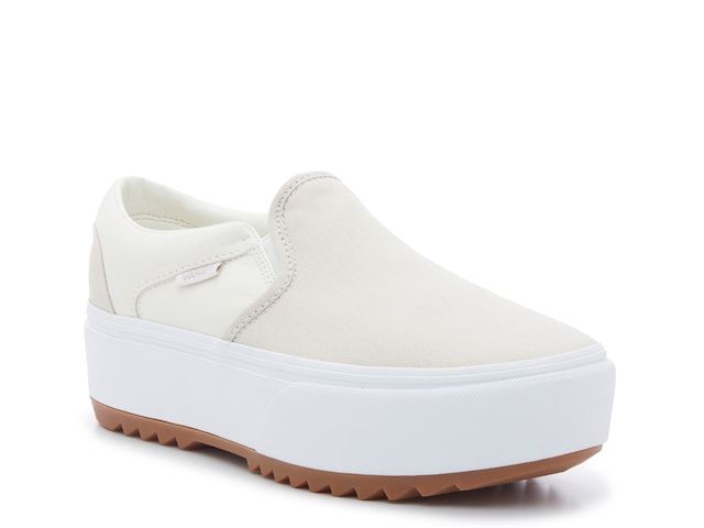 Vans Asher Platform Slip-On Sneaker - Women's Sporty White Slip-ons With Contrast Sole, Sporty Platform Slip-on Sneakers For Streetwear, Casual White Slip-ons With Contrast Sole, Sporty Slip-ons With Gum Sole And Round Toe, Spring Vans Casual Sneakers, Sporty Slip-ons For Streetwear In Spring, Slip-on Platform Sneakers, Sporty Spring Slip-ons For Streetwear, Vans Casual Platform Sneakers With Vulcanized Sole