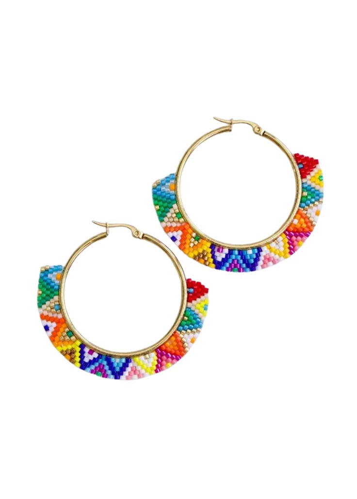 Gia is a funky oversized beaded statement hoop perfect for a pop of (all of the) color. Material: stainless steel, miyuki beads Dimension: 52mm Multicolor Small Hoop Jewelry With Spacer Beads, Trendy Rainbow Hoop Jewelry, Trendy Colorful Hoop Jewelry, Colorful Bohemian Hoop Jewelry, Handmade Fun Metal Jewelry, Fun Handmade Metal Jewelry, Multicolor Hoop Jewelry With Spacer Beads, Multicolor Beaded Hoop Jewelry, Trendy Small Hoop Rainbow Jewelry