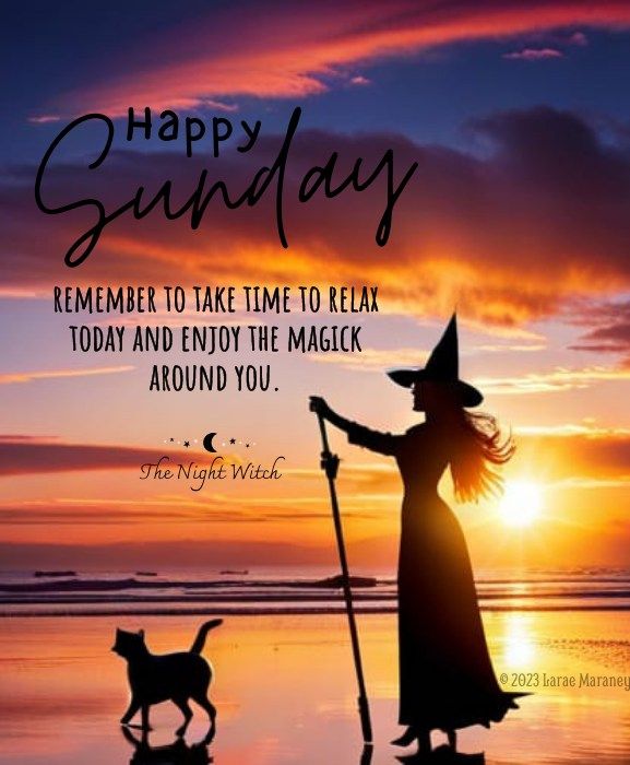 a silhouette of a witch and her dog on the beach at sunset with an inspirational quote that reads, happy sunday