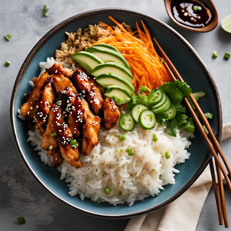 a blue plate topped with rice, chicken and veggies next to chopsticks