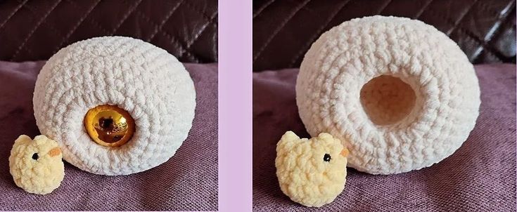 two pictures of a stuffed animal with a hole in it's side and another photo of a stuffed animal on the other side