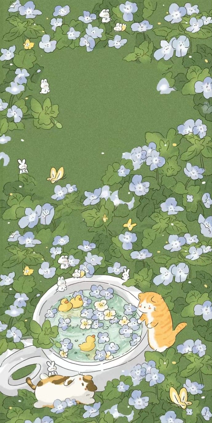 an image of cats in a bathtub surrounded by water lilies and butterfly flowers