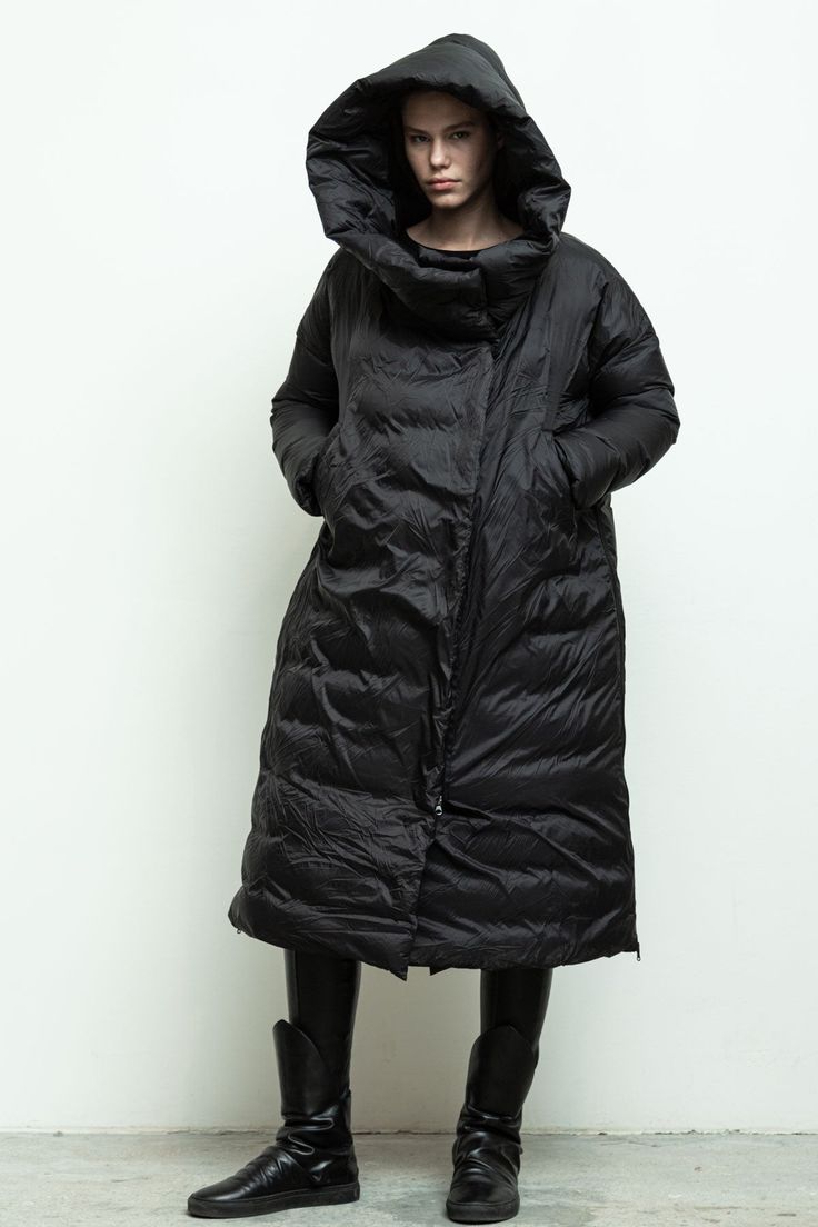 100% nylon with recycled down fill/ front pockets/ oversized hood/ front and side zipper closures Margo is 5'10" size 2 wearing size S Hooded Puffer Parka With Duck Down, Cold Weather Outerwear With Detachable Hood And Duck Down, Hooded Duck Down Puffer Parka, Fall Duck Down Outerwear With Adjustable Hood, Cold Weather Duck Down Outerwear With Detachable Hood, Hooded Down Outerwear With Double-lined Hood, Oversized Hooded Puffer Jacket With Detachable Hood, Hooded Nylon Puffer Jacket For Fall, Winter Nylon Outerwear With Pockets