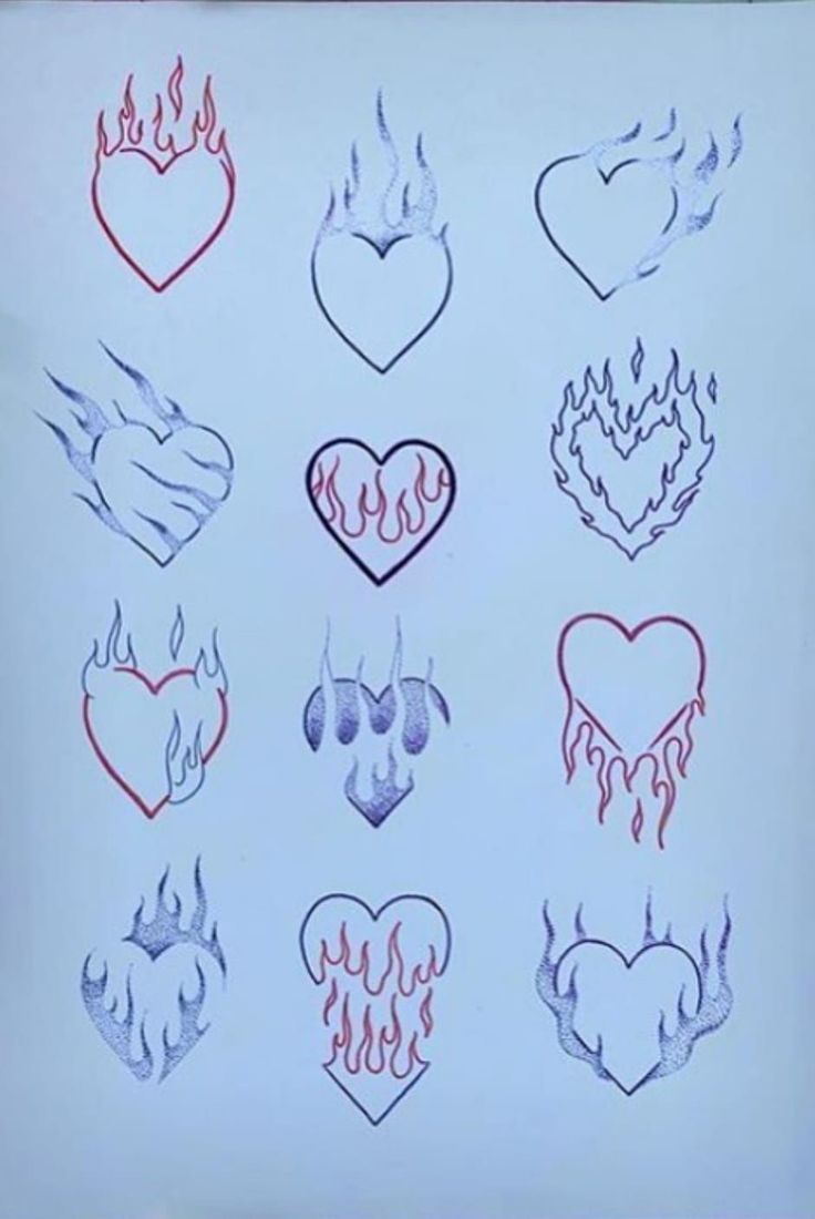 heart tattoos drawn on a white paper with red and blue flames in the shape of hearts