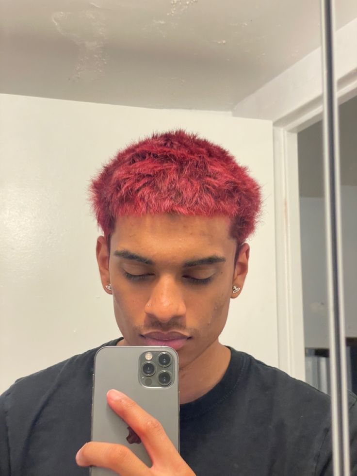 Red Hair Dye Men, Fire Red Hair Color, Spiked Hair Men, Wine Red Hair Color, Fire Red Hair, Buzz Cut Styles, Bleached Hair Men, Short Dyed Hair, Red Hair Men