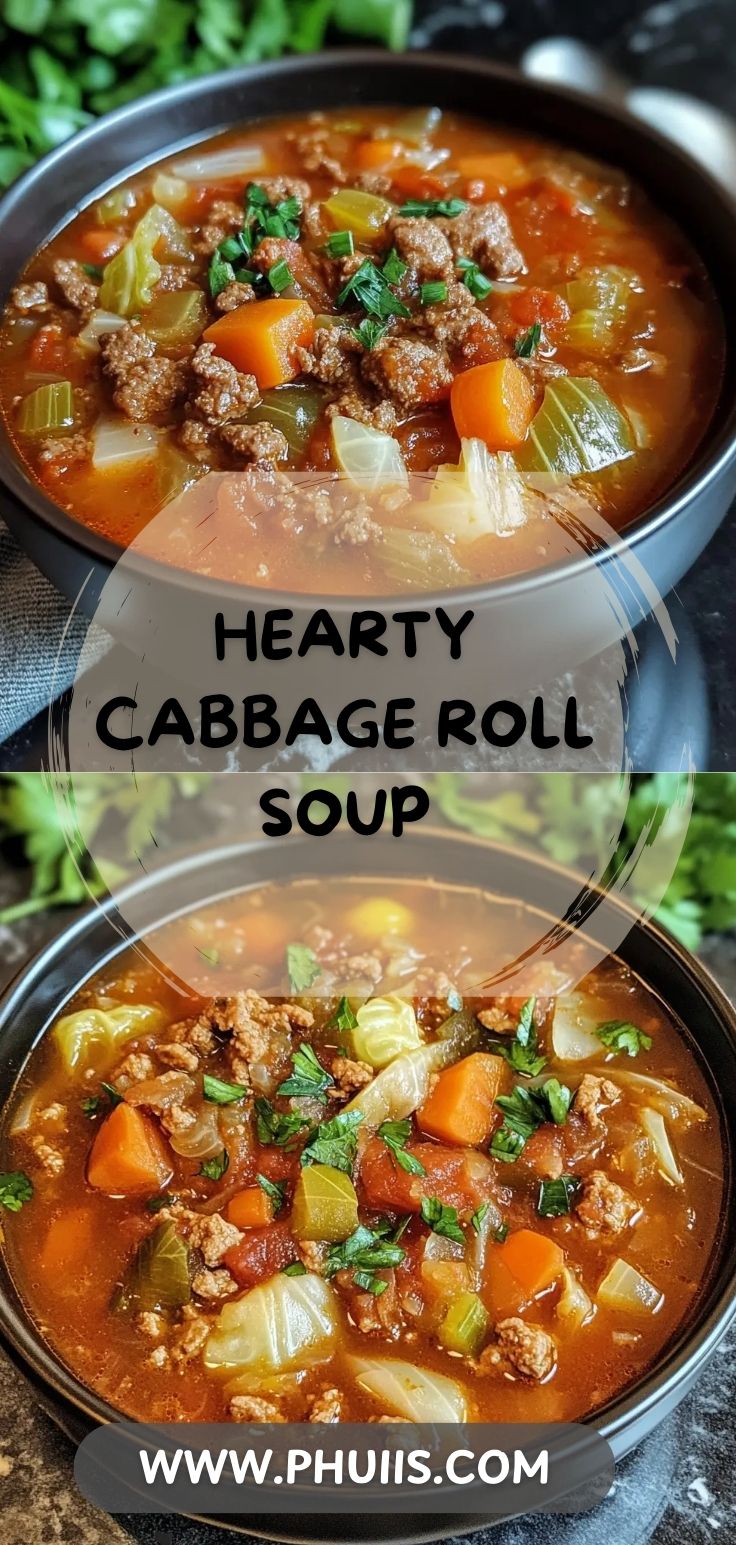 two bowls filled with hearty cabbage soup on top of a table next to each other