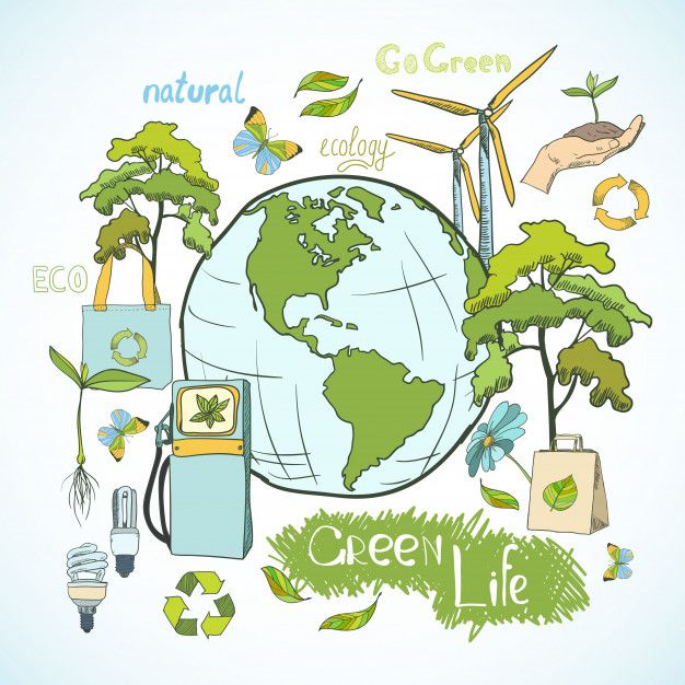 the earth surrounded by different types of eco products and plants, including trees, water, wind